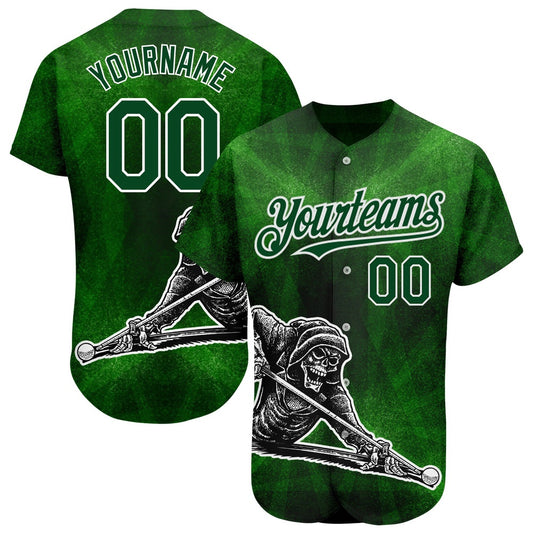 Team Jerseys Baseball, Custom Green White 3D Pattern Design A Skeleton Playing Billiards While Drinking A Beer Authentic Baseball Jersey