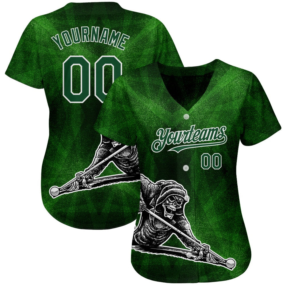 Team Jerseys Baseball, Custom Green White 3D Pattern Design A Skeleton Playing Billiards While Drinking A Beer Authentic Baseball Jersey
