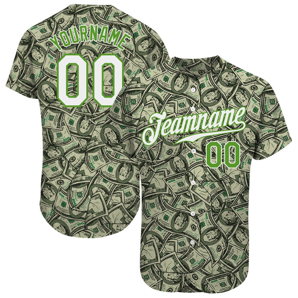 Team Jerseys Baseball, Custom Green White Neon Green 3D Pattern Design Dollar Authentic Baseball Jersey, Logo Baseball Jersey