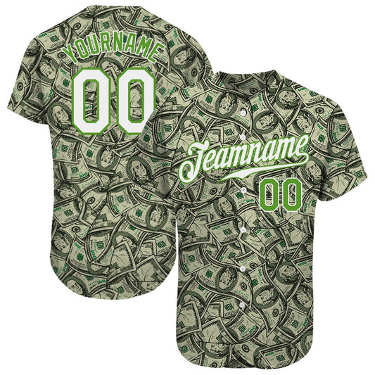 Team Jerseys Baseball, Custom Green White Neon Green 3D Pattern Design Dollar Authentic Baseball Jersey, Logo Baseball Jersey