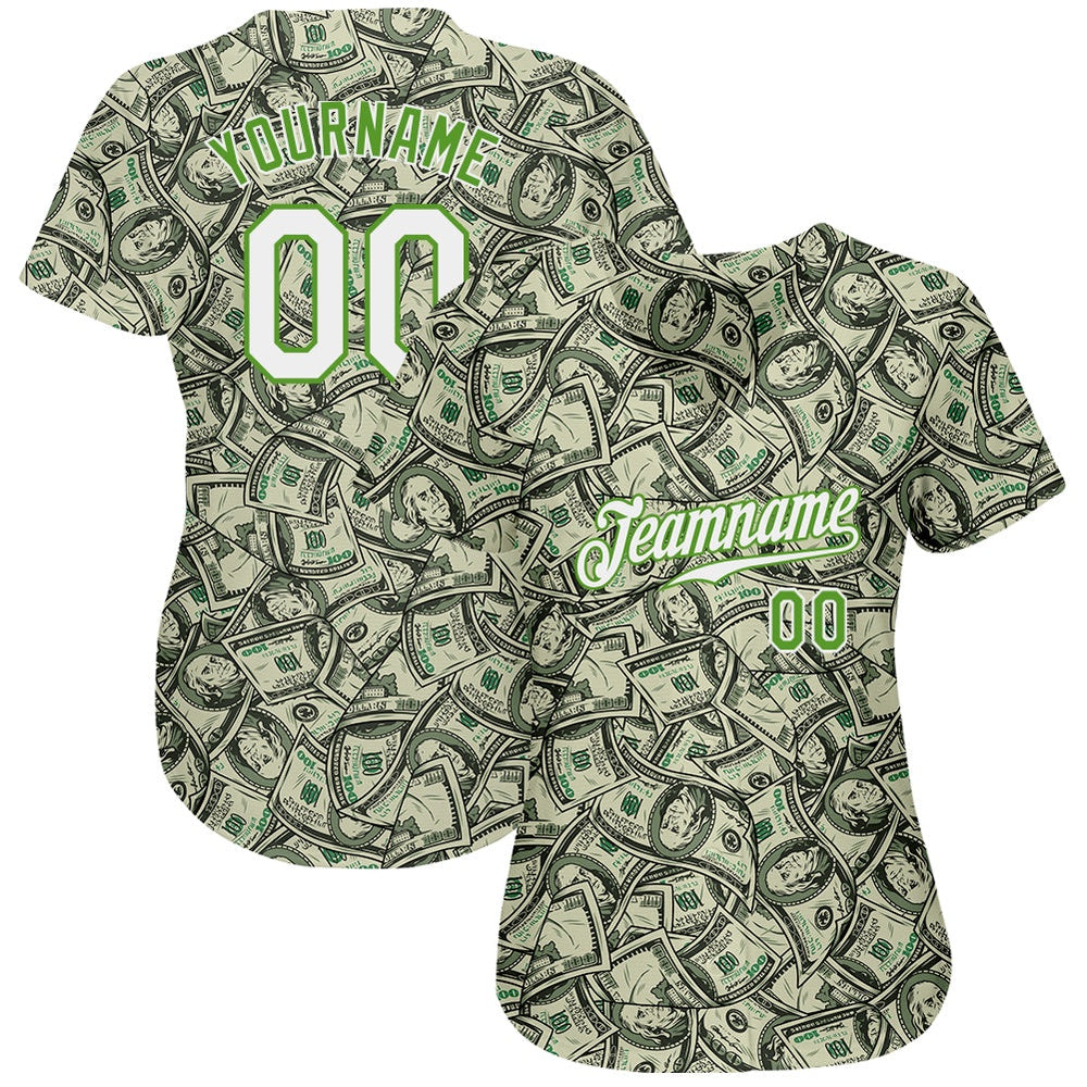 Team Jerseys Baseball, Custom Green White Neon Green 3D Pattern Design Dollar Authentic Baseball Jersey, Logo Baseball Jersey