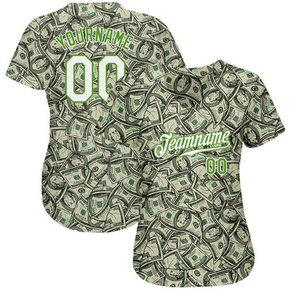 Team Jerseys Baseball, Custom Green White Neon Green 3D Pattern Design Dollar Authentic Baseball Jersey, Logo Baseball Jersey
