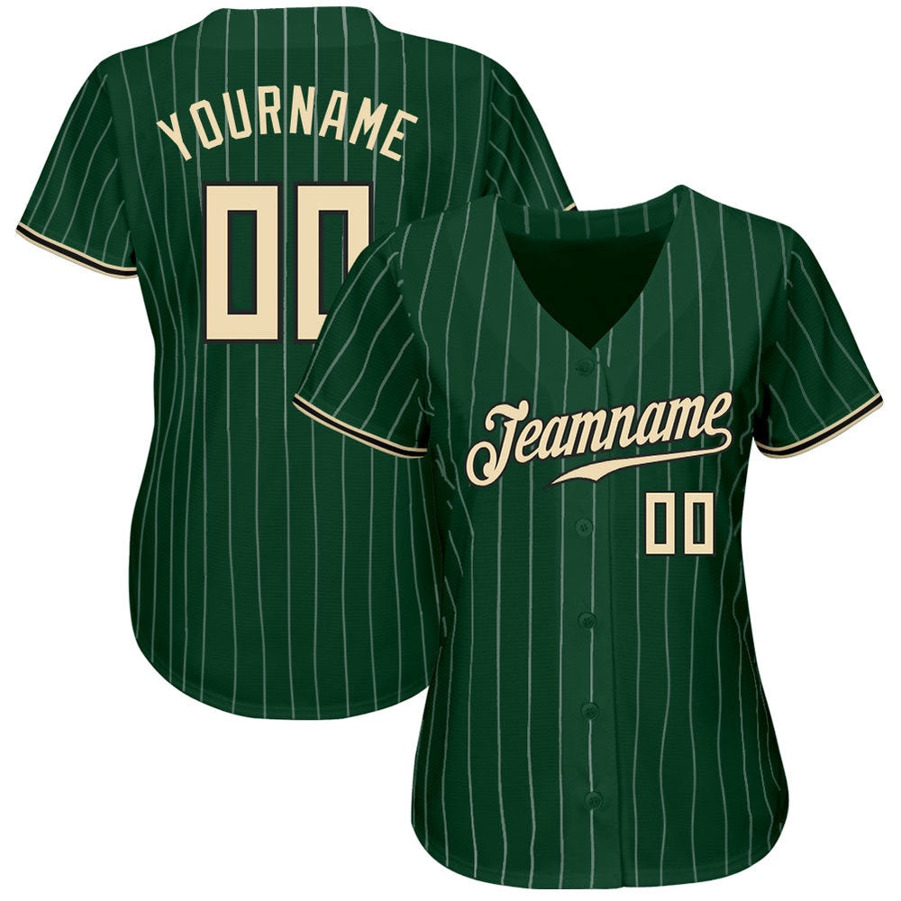Team Jerseys Baseball, Custom Green White Pinstripe Cream Black Authentic Baseball Jersey, Logo Baseball Jersey