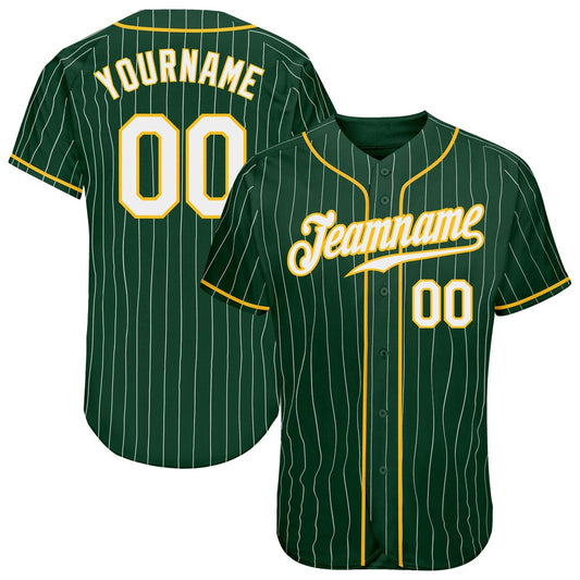 Team Jerseys Baseball, Custom Green White Pinstripe White Gold Authentic Baseball Jersey, Logo Baseball Jersey