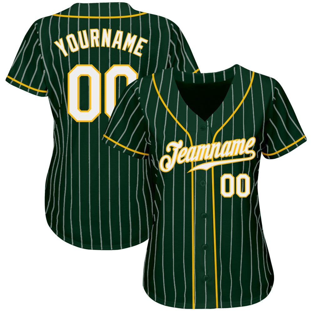 Team Jerseys Baseball, Custom Green White Pinstripe White Gold Authentic Baseball Jersey, Logo Baseball Jersey