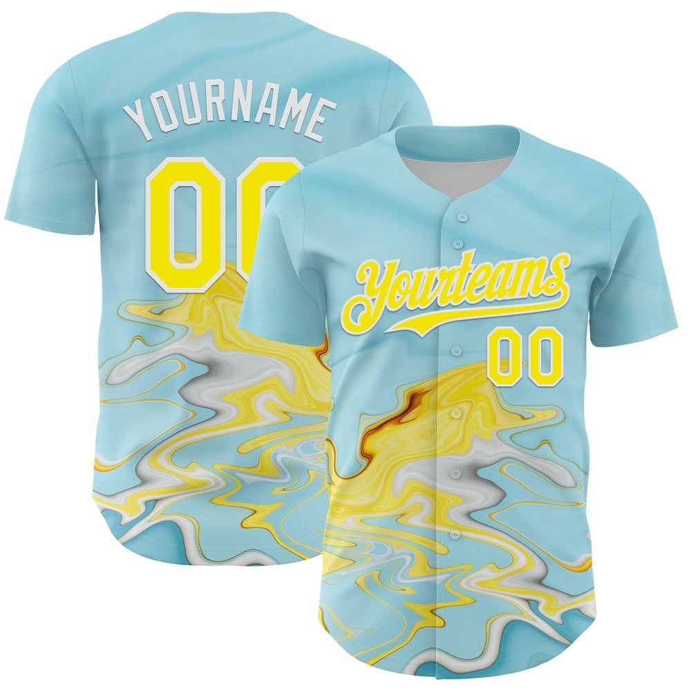 Team Jerseys Baseball, Custom Ice Blue Light Yellow White 3D Pattern Design Abstract Liquid Fluid Art Authentic Baseball Jersey