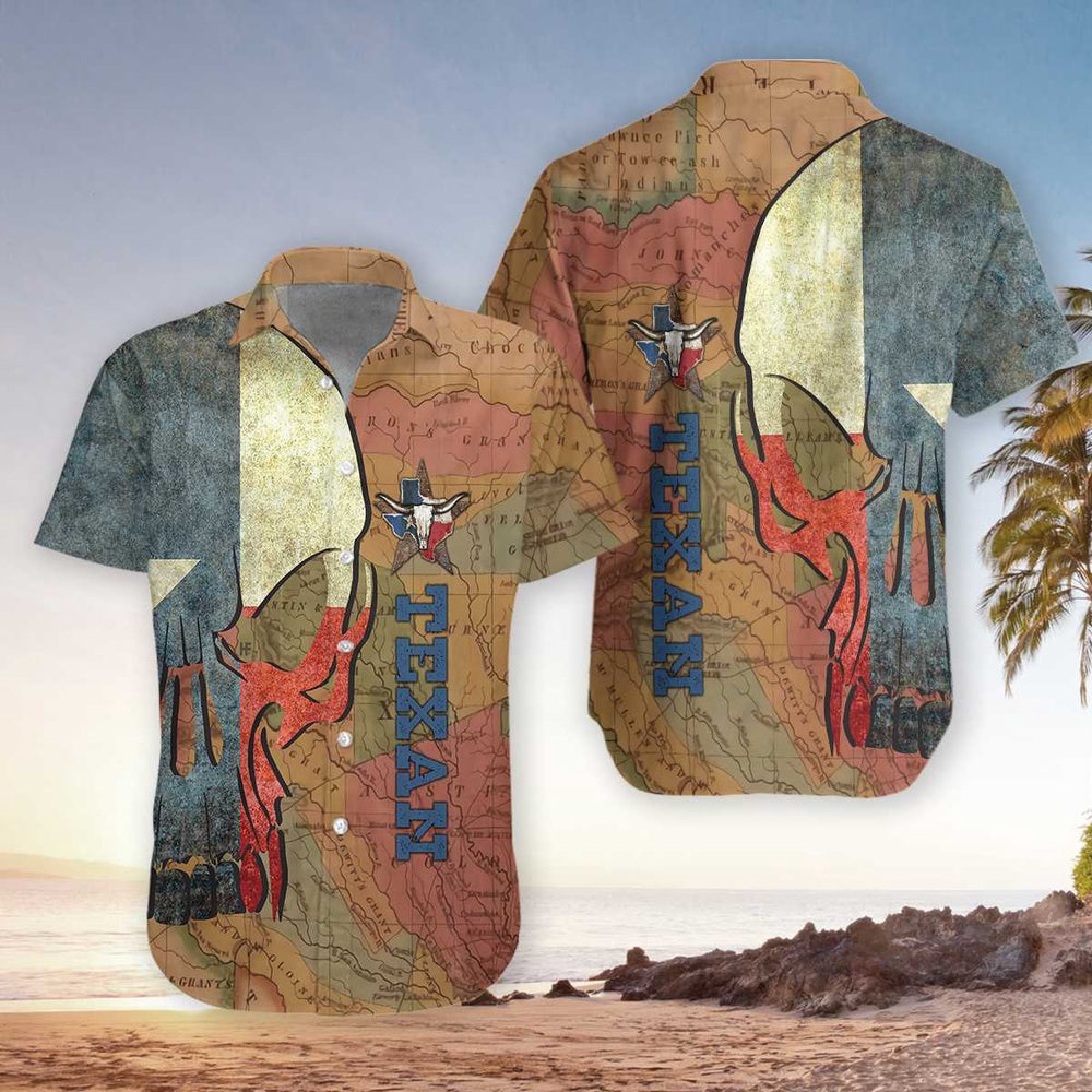 Texas Hawaiian Shirt, Texan And Skull Map And Flag Pattern Texas Hawaiian Shirt, Summer Beach Shirt