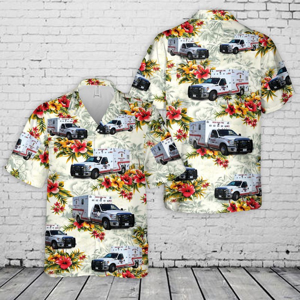 Texas Hawaiian Shirt, Texas Deer Park Fire Department EMS Ambulance Hawaiian Shirt, Hawaiian Firefighter Shirts