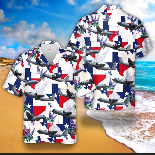 Texas Hawaiian Shirt, US Air Force Texas Air National Guard C-130J Hawaiian Shirt, Military Hawaiian Shirt