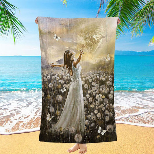 The Hand Of God Beautiful Girl Dandelion Field Beach Towel - Christian Art - Bible Verse Beach Towel - Religious Beach Towel
