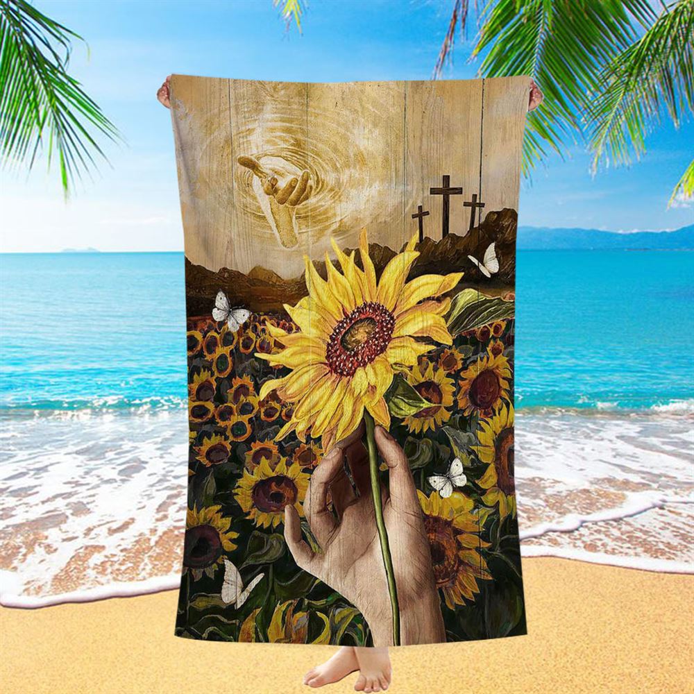 The Hand Of God Sunflower Field White Butterfly Beach Towel - Christian Art - Bible Verse Beach Towel - Religious Beach Towel