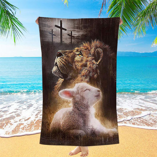 The King Lion Lamb Cross Beach Towel - Lion Beach Towel - Christian Inspirational Beach Towel