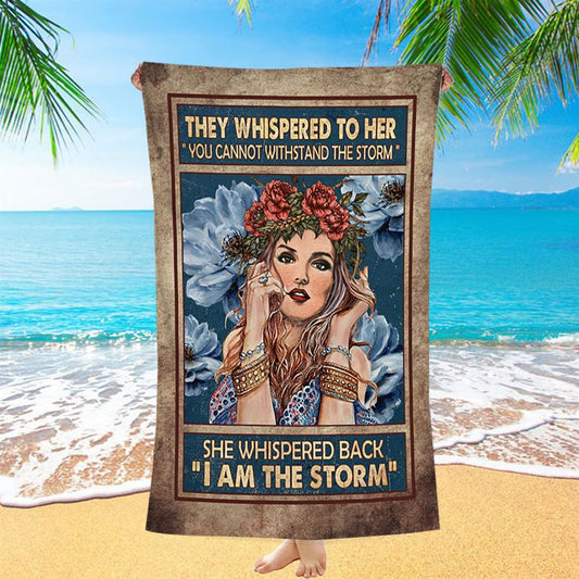 They Whispered To Her Hippie Girl Flower Wreath Beach Towel - Christian Beach Towel - Bible Verse Beach Towel