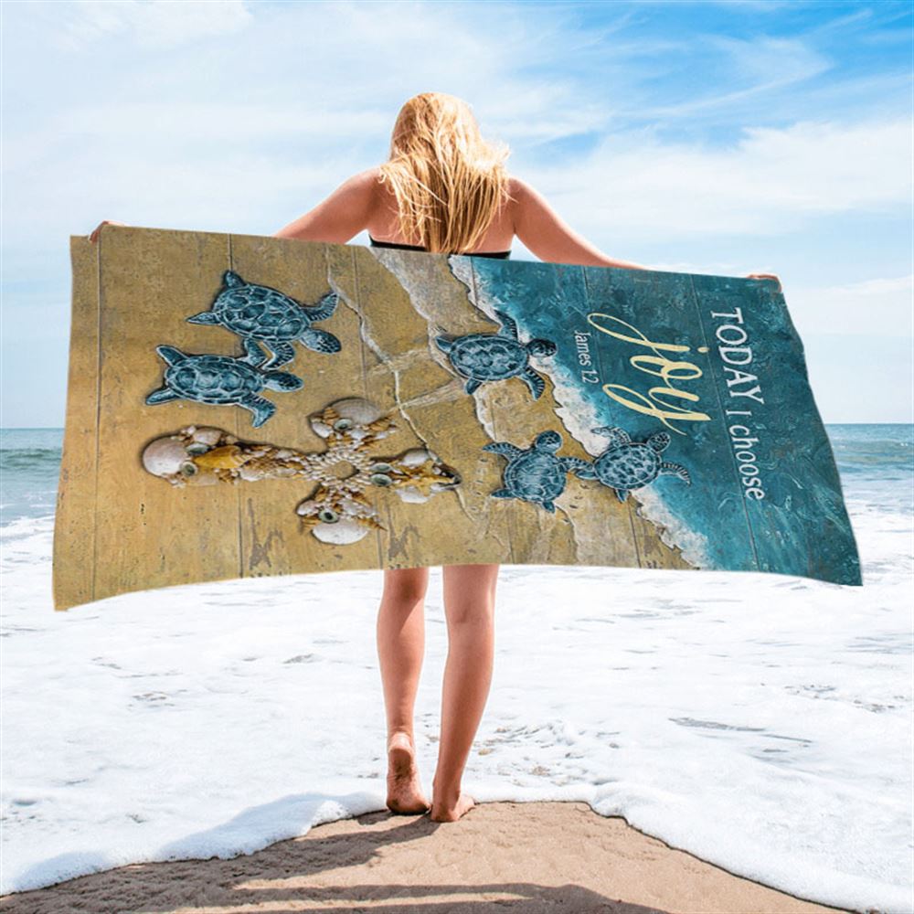 Today I Choose Joy Blue Turtle Cross Beach Towel - Bible Verse Beach Towel - Inspirational Art - Christian Beach Towel