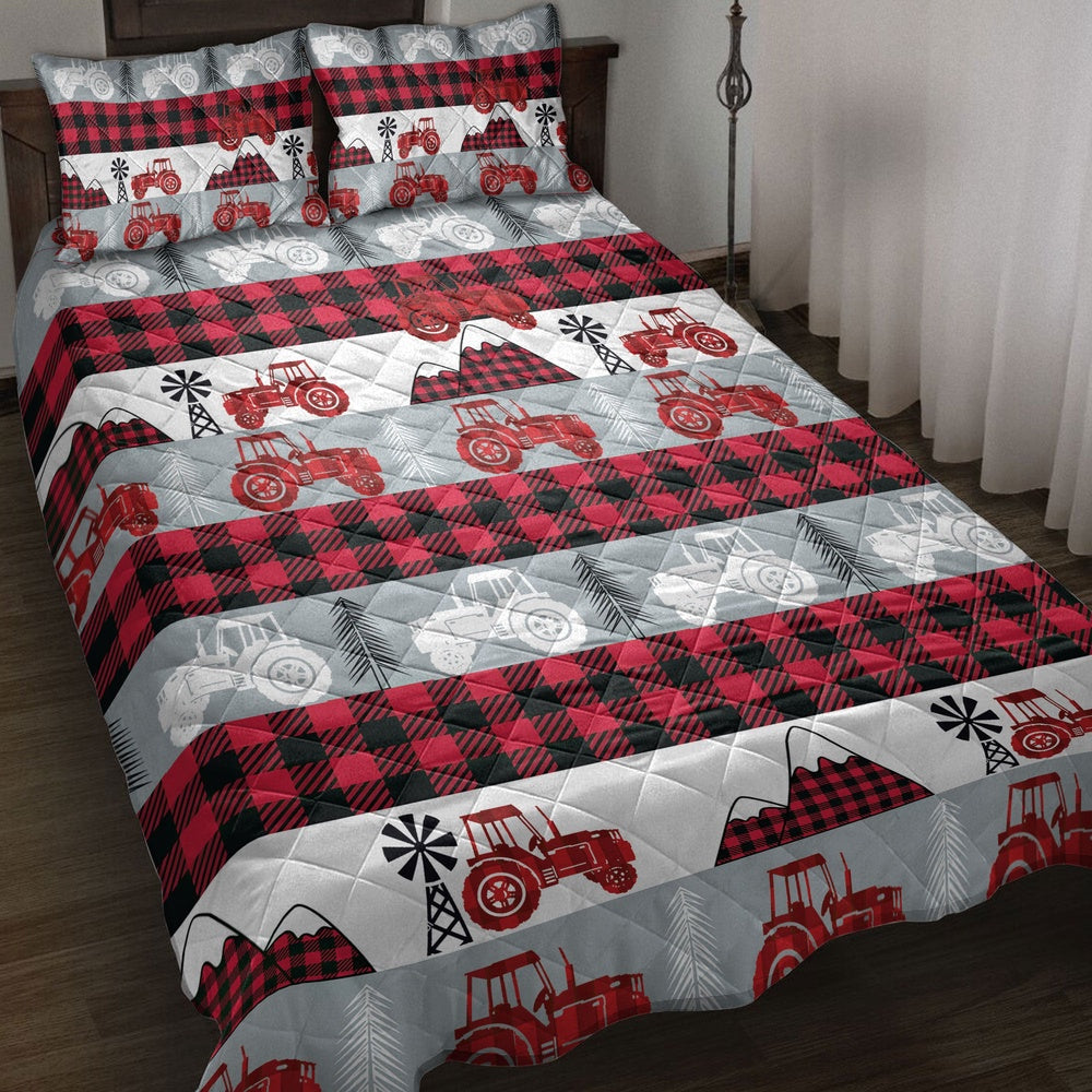 Tractor Quilt Set, Christmas Red Tractor Farm Country Red Buffalo Plaid Quilt Blanket