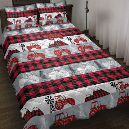 Tractor Quilt Set, Christmas Red Tractor Farm Country Red Buffalo Plaid Quilt Blanket