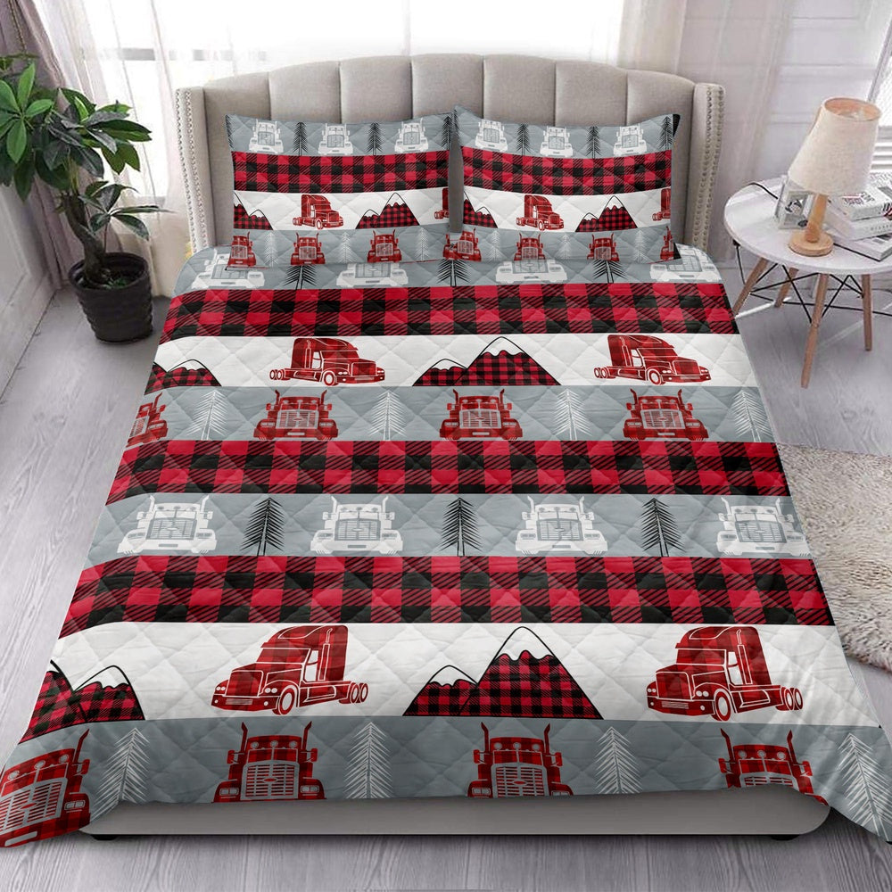 Trucker Quilt Set, Christmas Red Truck Trucker Red Buffalo Plaid Winter Holiday Quilt Blanket