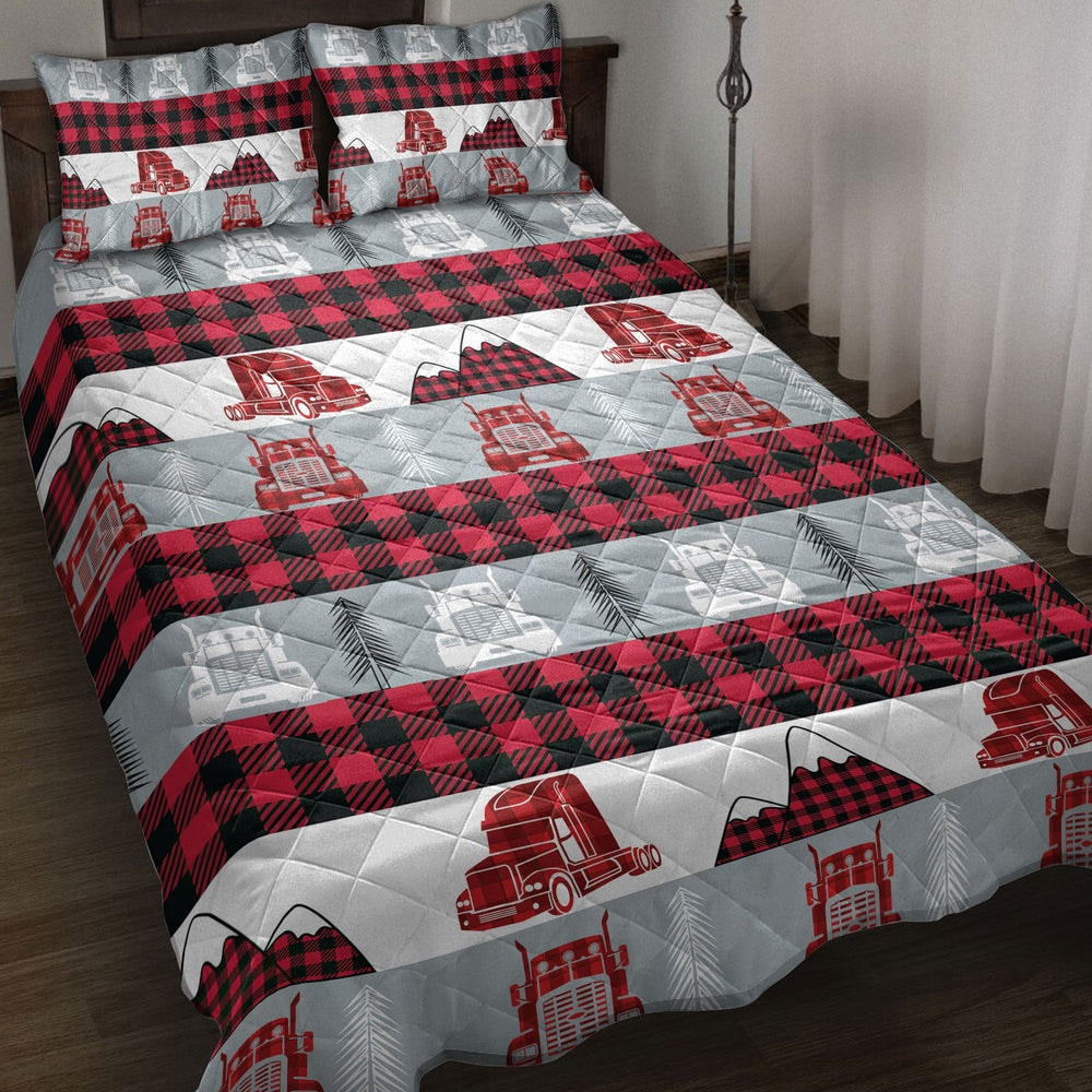 Trucker Quilt Set, Christmas Red Truck Trucker Red Buffalo Plaid Winter Holiday Quilt Blanket