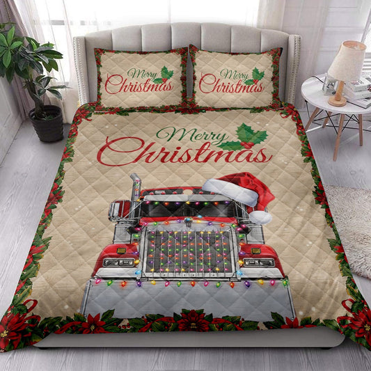 Trucker Quilt Set, Merrymas Red Truck With Santa Hat Trucker Quilt Blanket