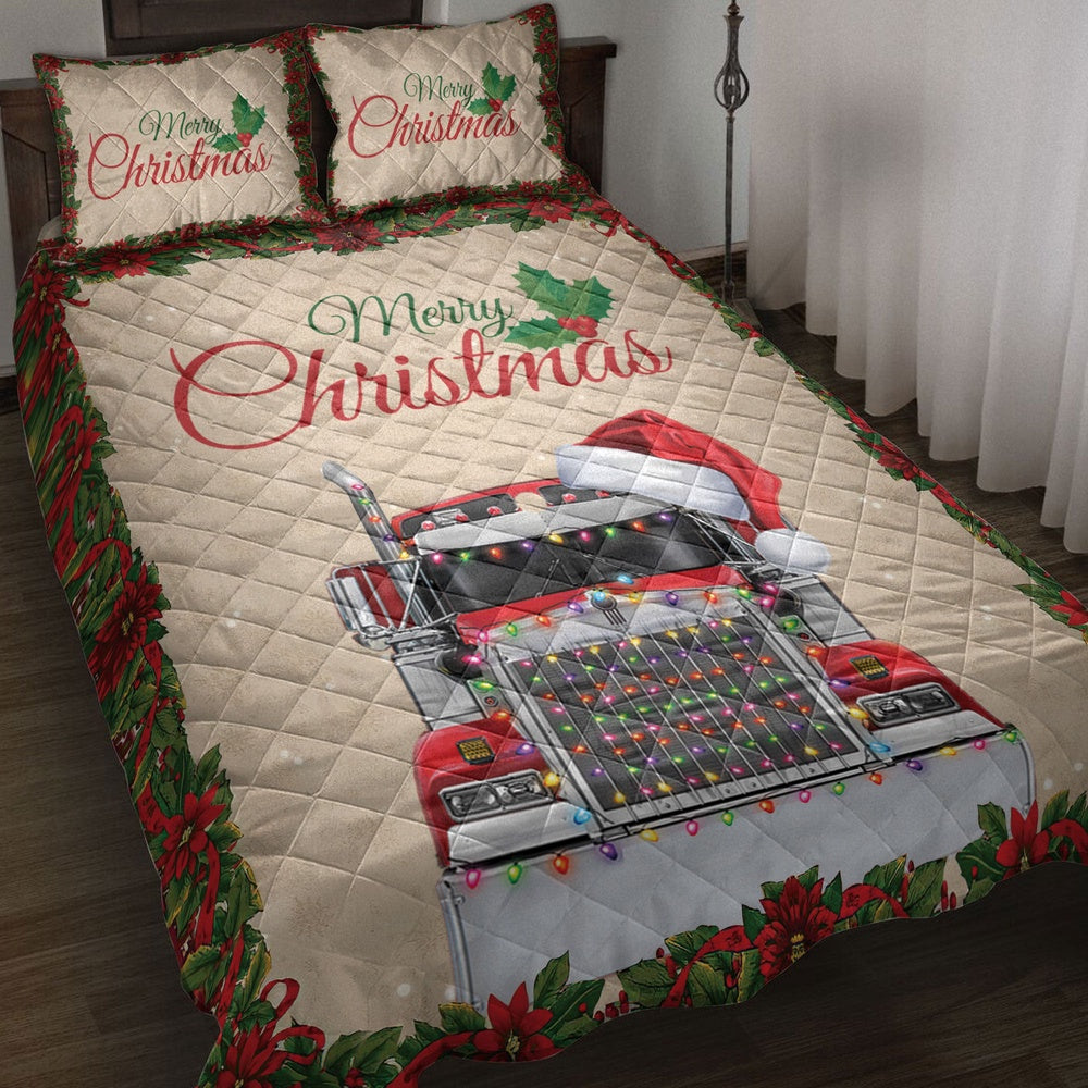 Trucker Quilt Set, Merrymas Red Truck With Santa Hat Trucker Quilt Blanket