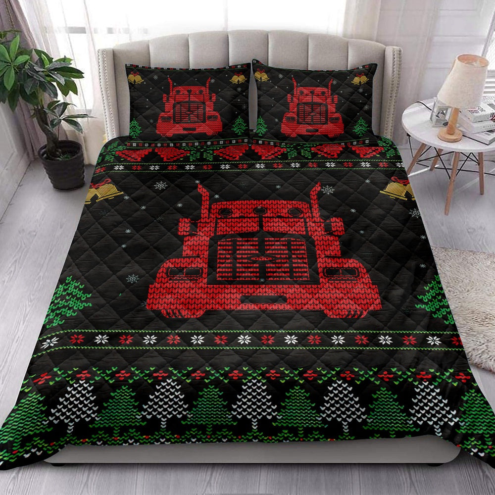 Trucker Quilt Set, Red Truck Snowflake Bell Ugly Chrismas Trucker Quilt Blanket