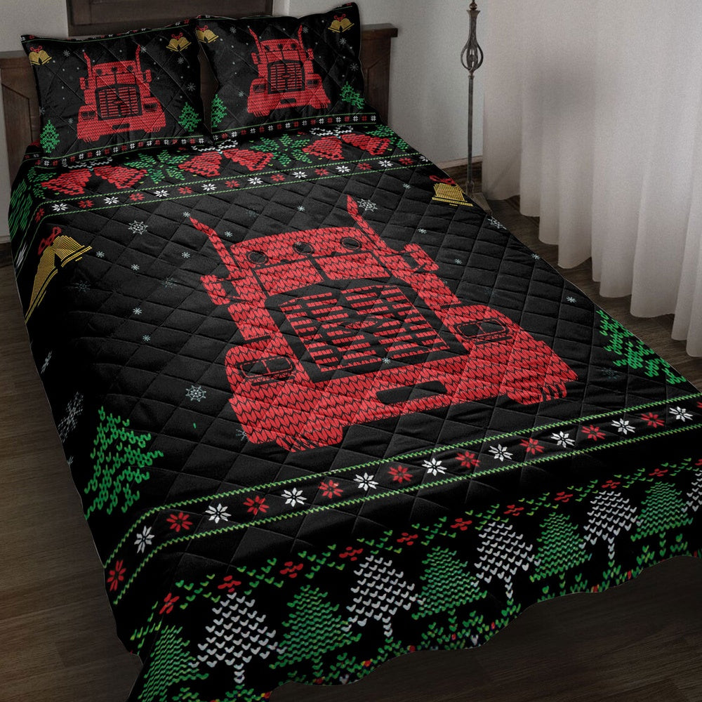 Trucker Quilt Set, Red Truck Snowflake Bell Ugly Chrismas Trucker Quilt Blanket