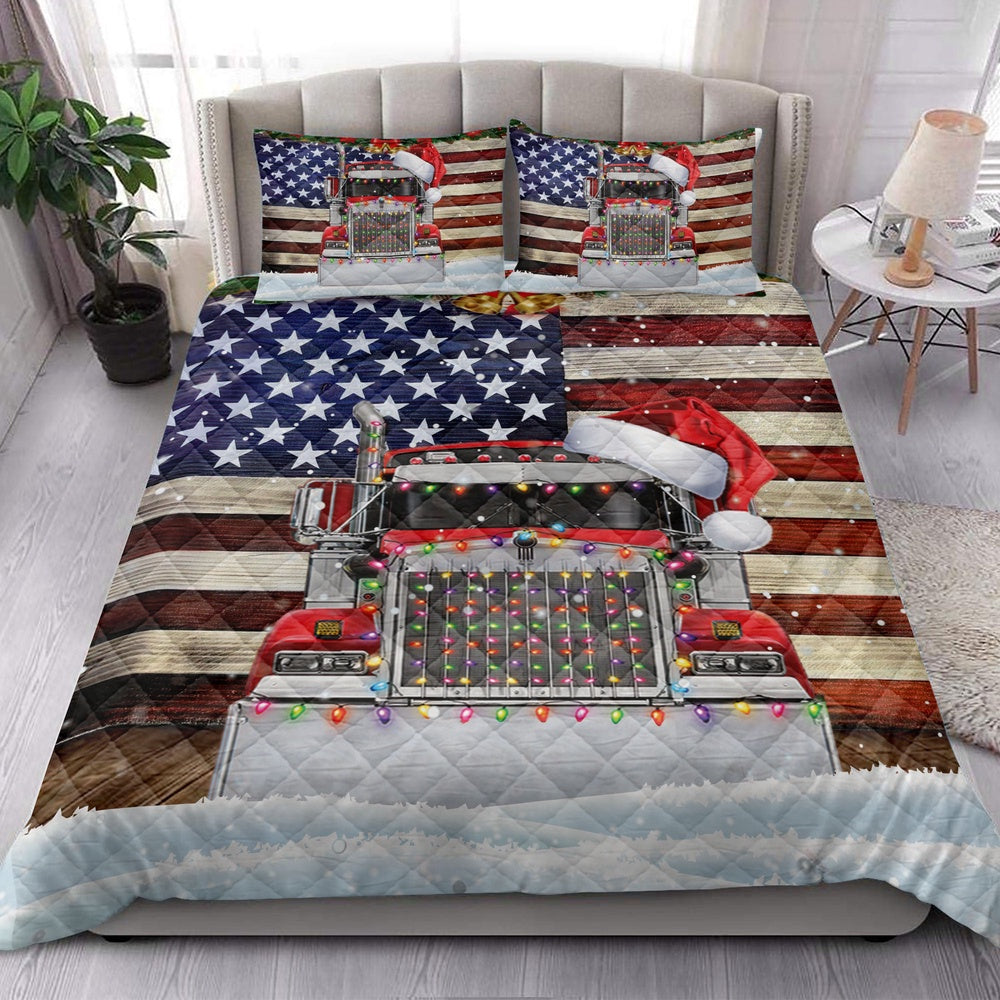 Trucker Quilt Set, Red Truck Wearing Amas Hat With String Light Us Flag Quilt Blanket