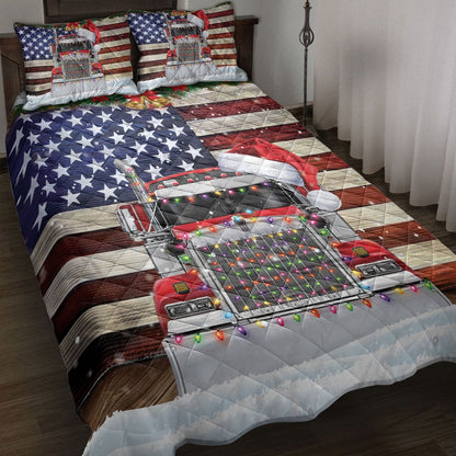 Trucker Quilt Set, Red Truck Wearing Amas Hat With String Light Us Flag Quilt Blanket