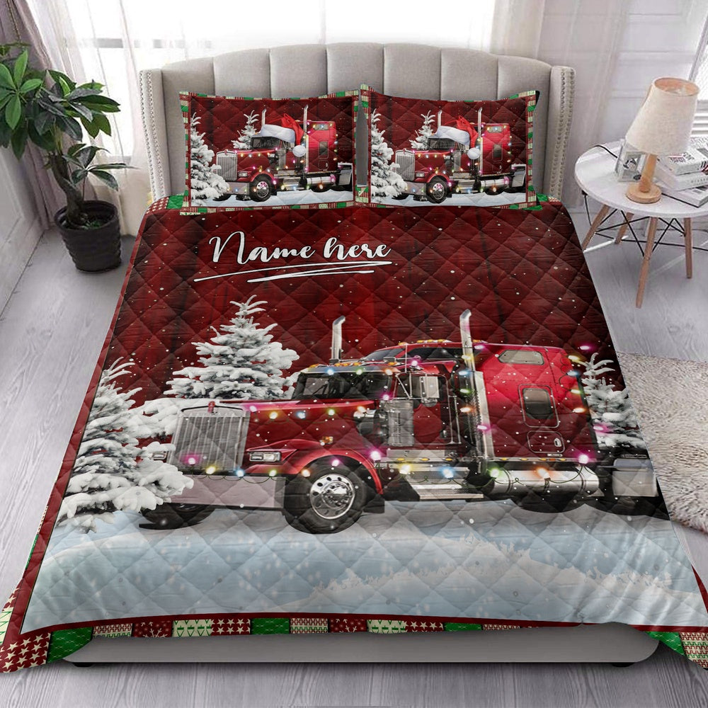 Trucker Quilt Set, Red Trucker With String Lightsmas Tree Snowdrift Quilt Blanket