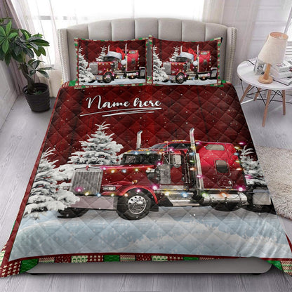 Trucker Quilt Set, Red Trucker With String Lightsmas Tree Snowdrift Quilt Blanket