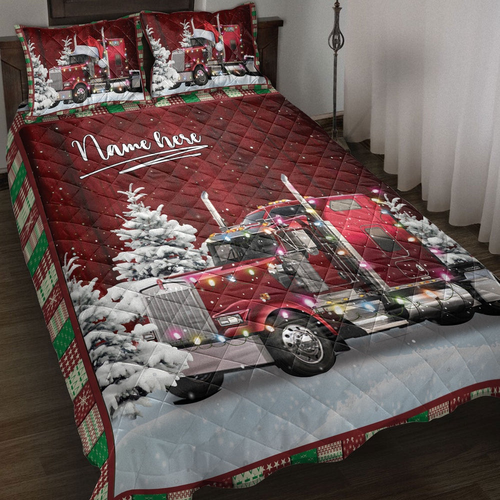 Trucker Quilt Set, Red Trucker With String Lightsmas Tree Snowdrift Quilt Blanket