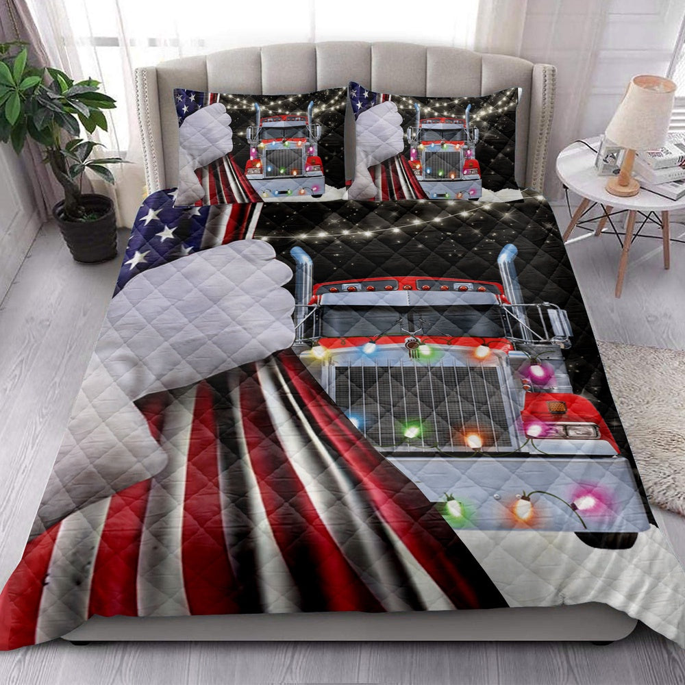 Trucker Quilt Set, Red Truckmas String Light Snowflake Us Flag Trucker Quilt Blanket