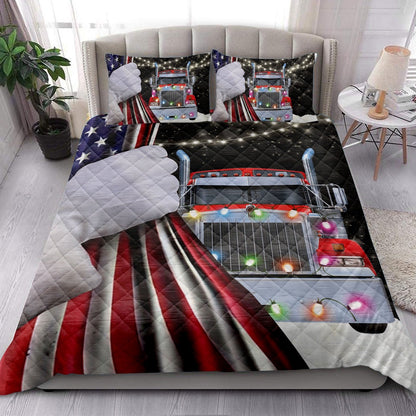 Trucker Quilt Set, Red Truckmas String Light Snowflake Us Flag Trucker Quilt Blanket