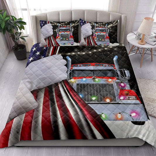 Trucker Quilt Set, Red Truckmas String Light Snowflake Us Flag Trucker Quilt Blanket