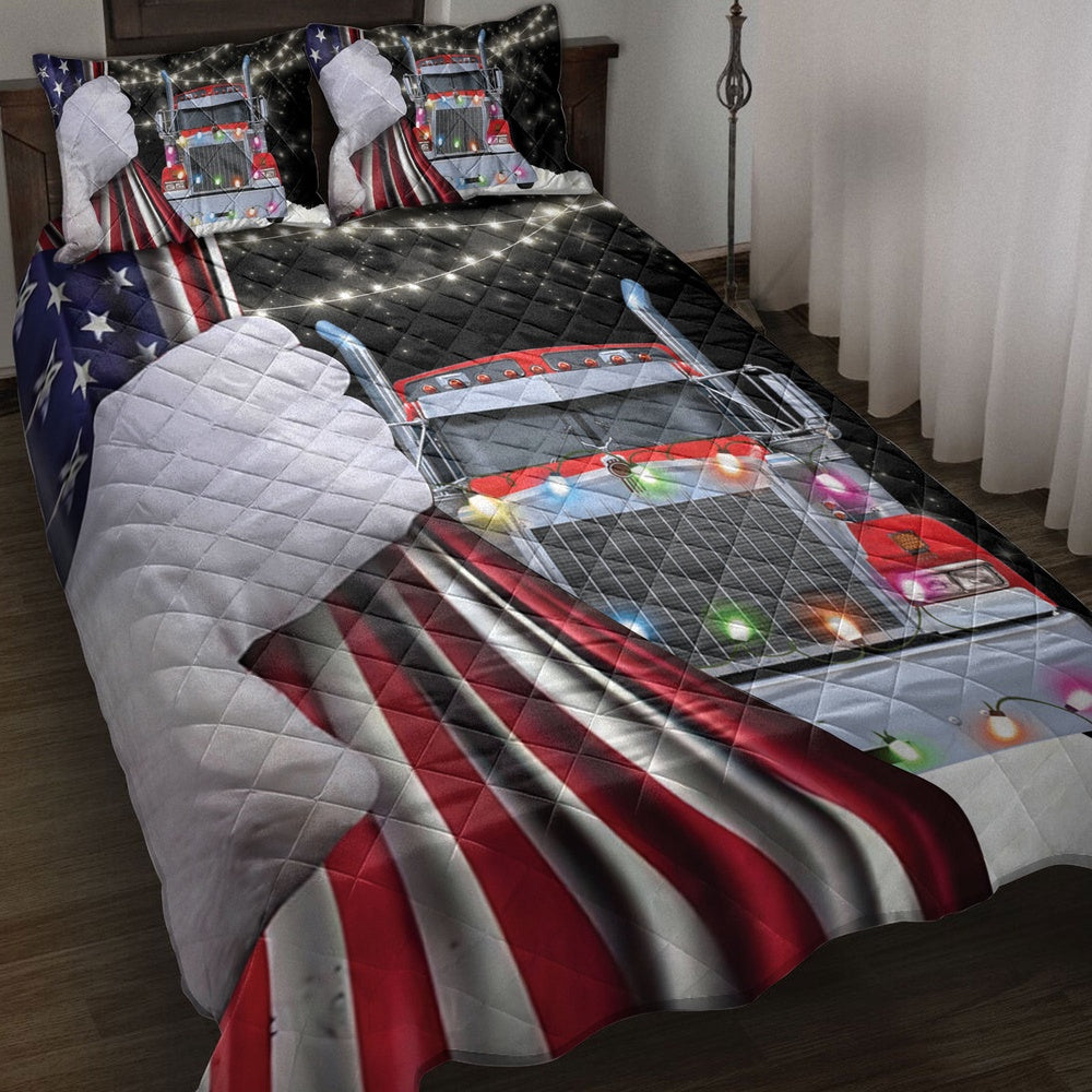 Trucker Quilt Set, Red Truckmas String Light Snowflake Us Flag Trucker Quilt Blanket