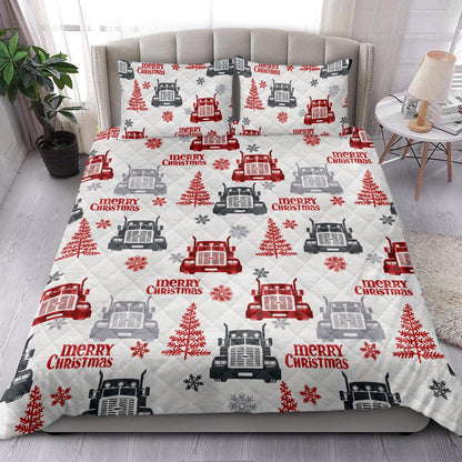 Trucker Quilt Set, Red Truckmas Tree Snowflakes Love Trucker Truck Driver Quilt Blanket