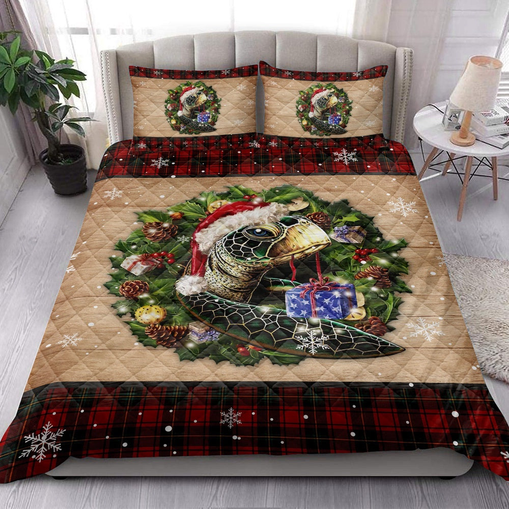 Turtle Quilt Set, Turtle Wearing Wreath Amas Hat Boxes Red Buffalo Plaid Quilt Blanket