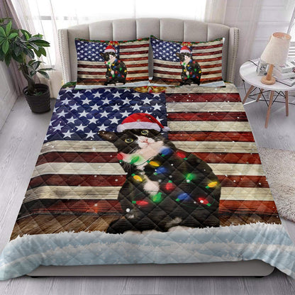 Tuxedo Cat Quilt Set, Tuxedo Cat Wearing Amas Hat With String Light Us Flag Quilt Blanket