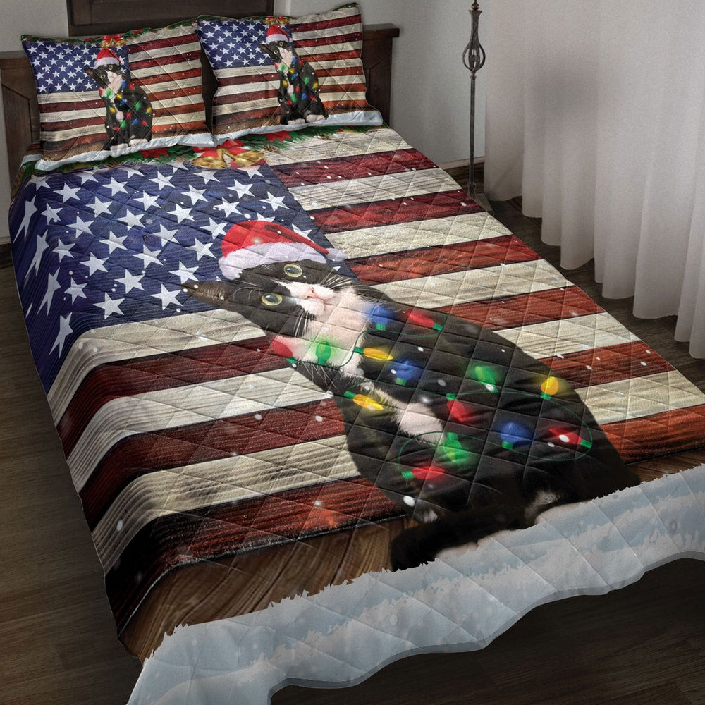 Tuxedo Cat Quilt Set, Tuxedo Cat Wearing Amas Hat With String Light Us Flag Quilt Blanket