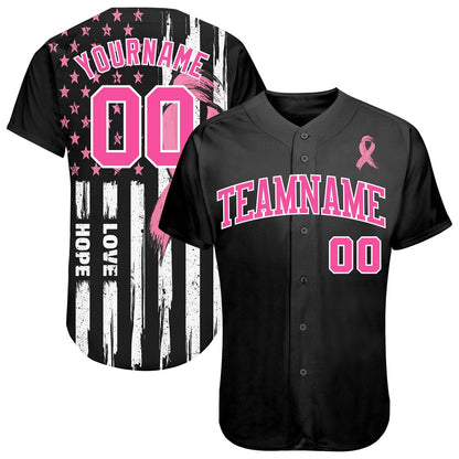 USA Baseball Jersey, Custom 3D American Flag With Pink Ribbon Breast Cancer Awareness Month Women Health Care Support Authentic Baseball Jersey