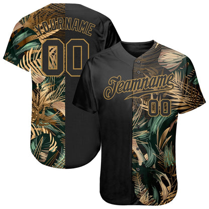 USA Baseball Jersey, Custom 3D Pattern Design Golden And Green Tropical Leaves In The Style Of Jungle And Hawaii Authentic Baseball Jersey