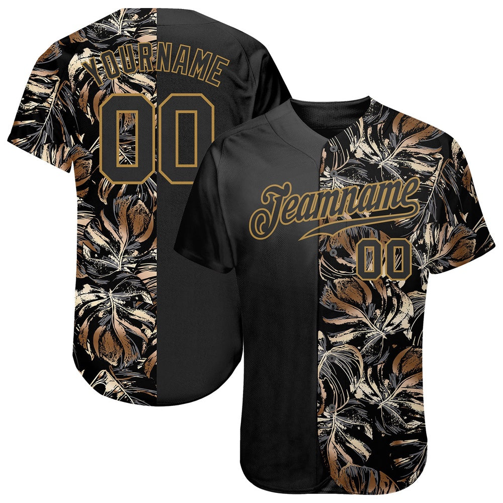USA Baseball Jersey, Custom 3D Pattern Design Golden Tropical Leaves In The Style Of Jungle And Hawaii Authentic Baseball Jersey
