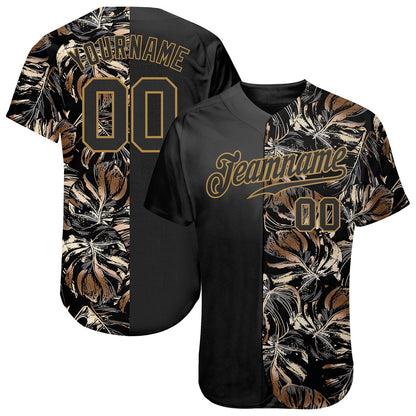 USA Baseball Jersey, Custom 3D Pattern Design Golden Tropical Leaves In The Style Of Jungle And Hawaii Authentic Baseball Jersey