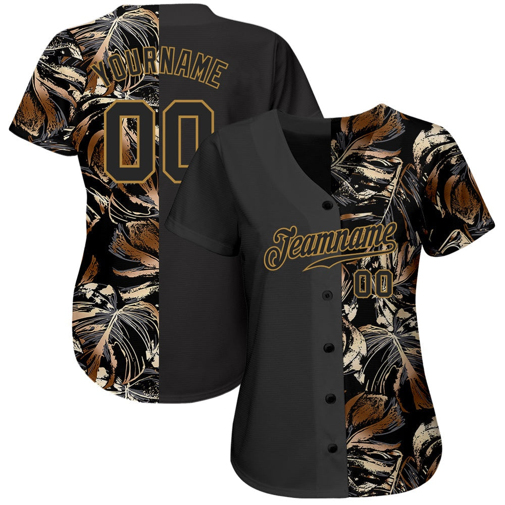 USA Baseball Jersey, Custom 3D Pattern Design Golden Tropical Leaves In The Style Of Jungle And Hawaii Authentic Baseball Jersey