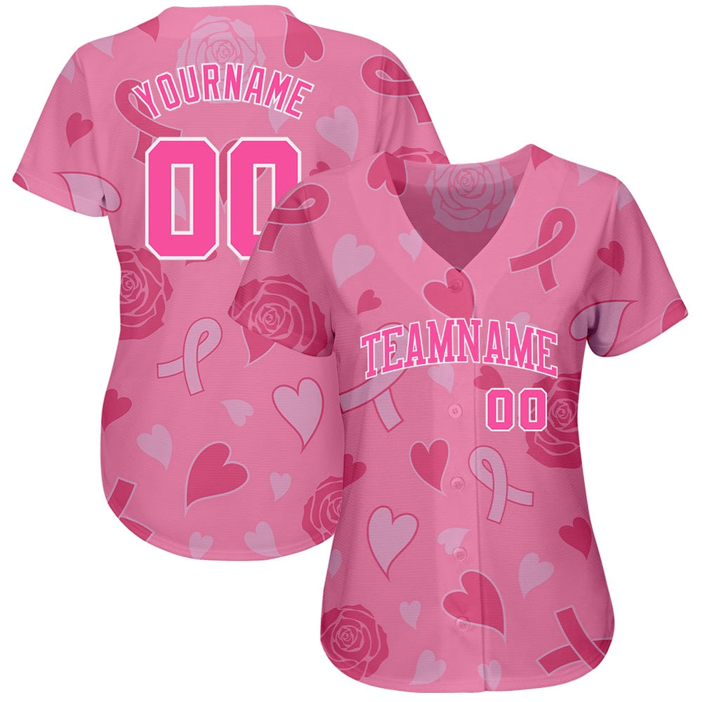 USA Baseball Jersey, Custom 3D Pink Ribbon Breast Cancer Awareness Month Women Health Care Support Authentic Baseball Jersey