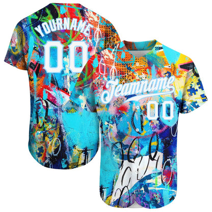 USA Baseball Jersey, Custom Abstract Graffiti White Light Blue 3D Authentic Baseball Jersey, Team Jerseys Baseball