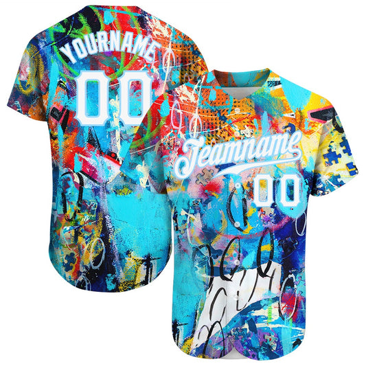 USA Baseball Jersey, Custom Abstract Graffiti White Light Blue 3D Authentic Baseball Jersey, Team Jerseys Baseball