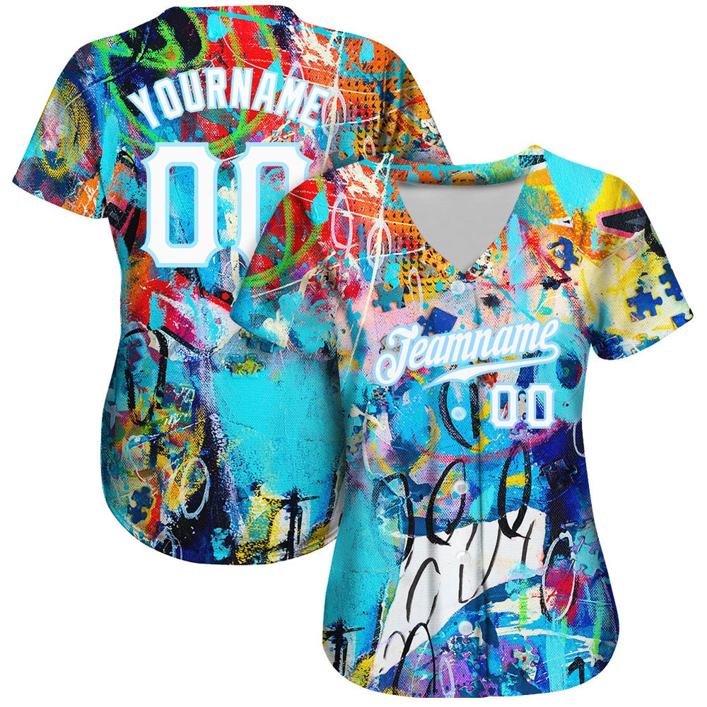 USA Baseball Jersey, Custom Abstract Graffiti White Light Blue 3D Authentic Baseball Jersey, Team Jerseys Baseball