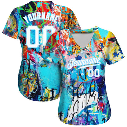 USA Baseball Jersey, Custom Abstract Graffiti White Light Blue 3D Authentic Baseball Jersey, Team Jerseys Baseball