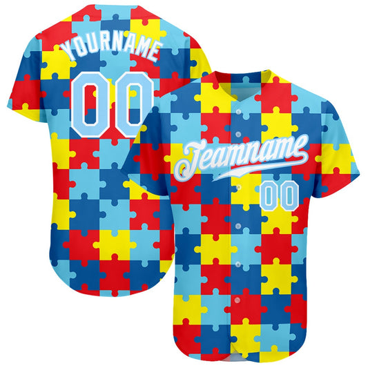 USA Baseball Jersey, Custom Autism Awareness Puzzle Pieces Light Blue White 3D Authentic Baseball Jersey, Team Jerseys Baseball